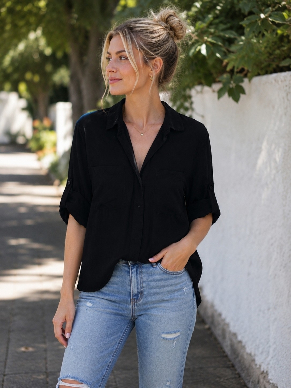 Anthropologie Cloth & Stone Black Oversized High Low Tunic Button Shirt Small